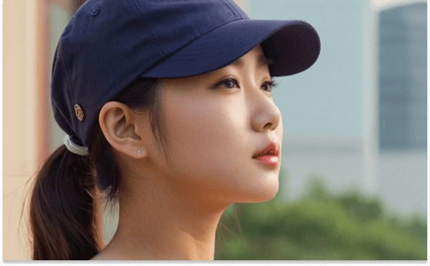 a korean girl wearing a cap on head